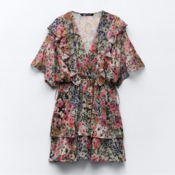 ZARA Floral Printed V-Neck Ruffle Detail Flutter Sleeve Tie Mini Dress Size S - Picture 13 of 13